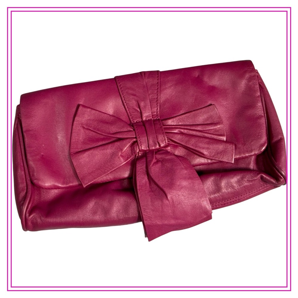 Nine West Genuine Leather Fuchsia Bow Clutch‎ Bag Purse Evening Party